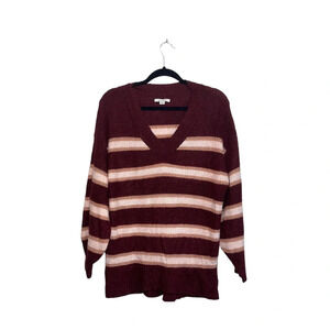 American Eagle Maroon Striped V-neck Oversized Plush Knit Sweater Small Women’s